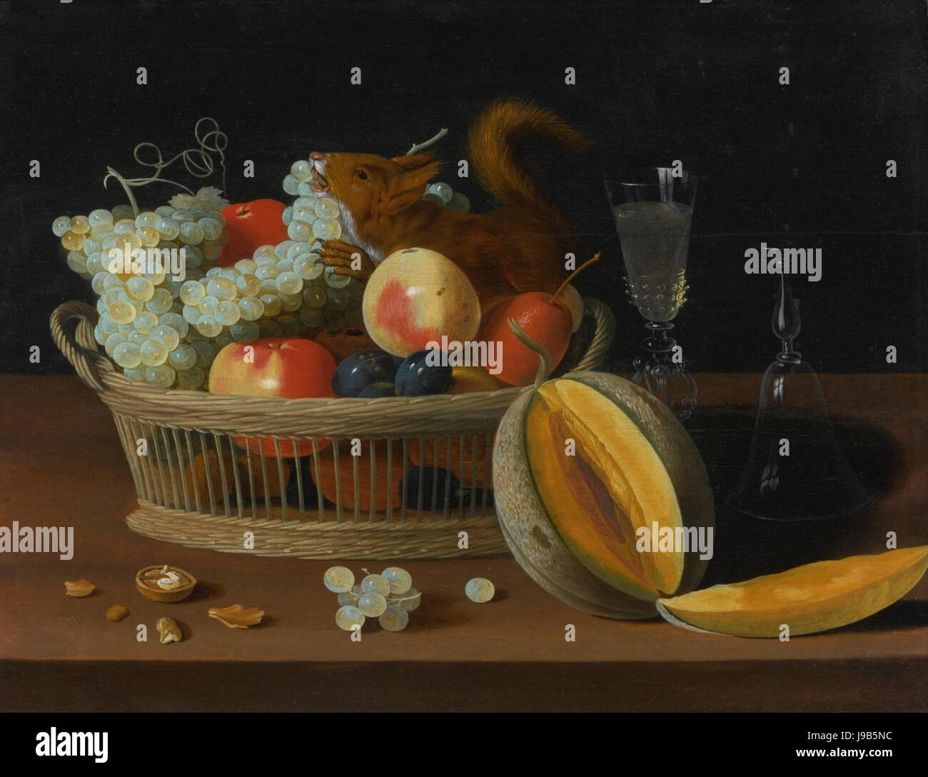 Nature morte avec un panier de fruits et un écureuil, verres, et d'un melon coupé par Foppens Jacob van Es Banque D'Images