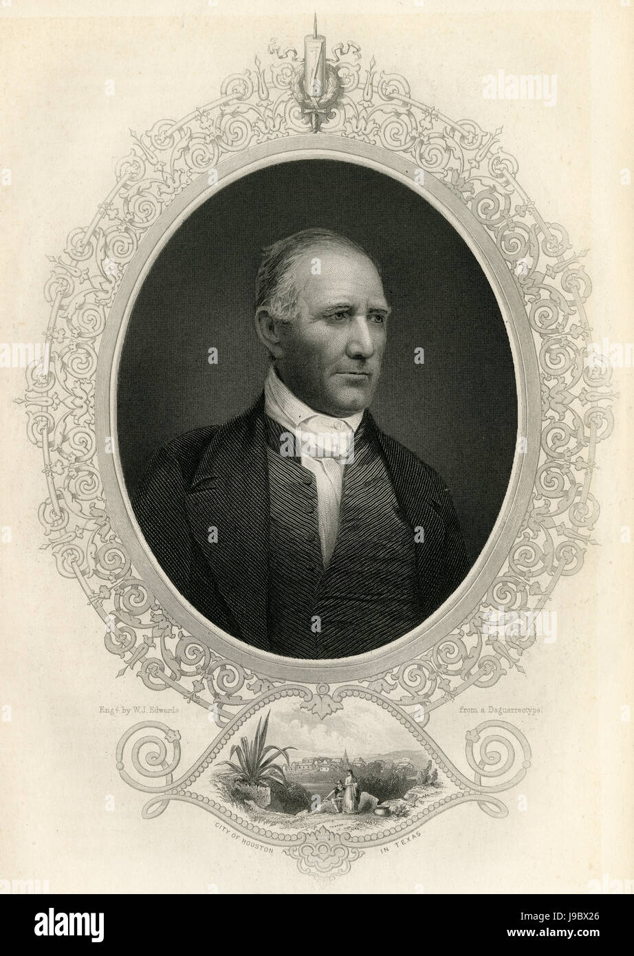 C Antique1860 gravure, Samuel 'Sam' Houston. Samuel Houston (1793-1863) était un homme politique américain et un soldat, mieux connu pour son rôle dans le Texas aux États-Unis comme constituant l'état. SOURCE : gravure originale. Banque D'Images