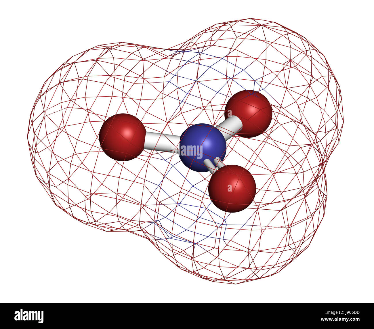 L'anion nitrate, la structure chimique. Le rendu 3D. Les atomes sont représentés comme des sphères classiques avec codage couleur : bleu (azote), oxygène (rouge). Banque D'Images