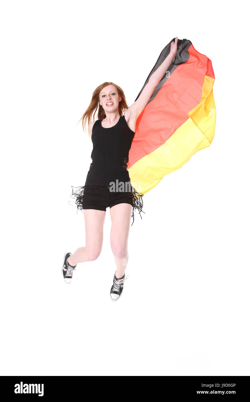 Femme, d'un drapeau, l'Allemagne, République fédérale allemande, adhérent, ventilateur, femme, rire, Banque D'Images