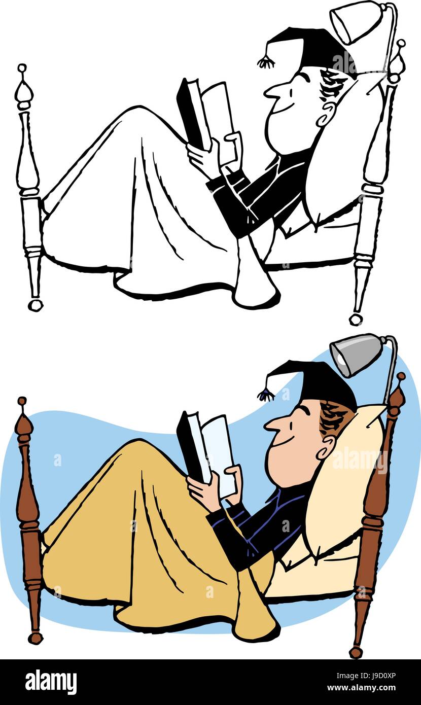 Un homme en pyjama se lit un livre au lit. Illustration de Vecteur
