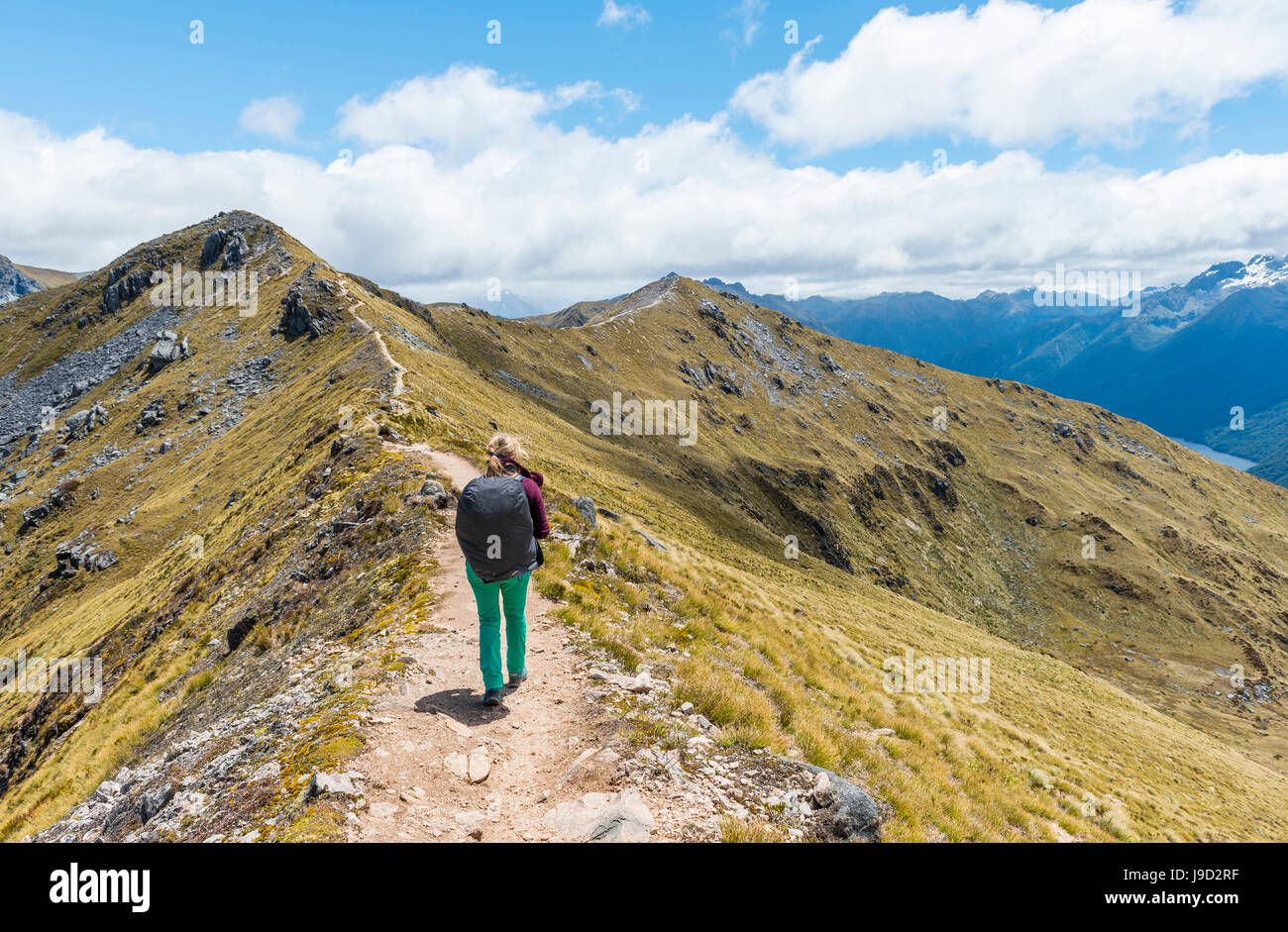 Female hiker sur Kepler Track, Fiordland National Park, Southland, Nouvelle-Zélande Banque D'Images