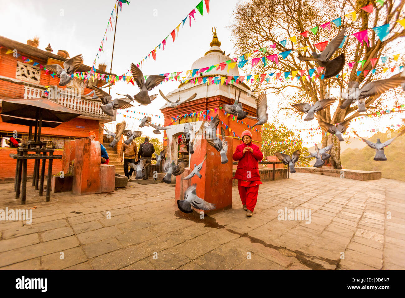 Femme marche et priant avec les pigeons au temple perché, Bhaktapur, Vallée de Kathmandou, Népal, Asie Banque D'Images