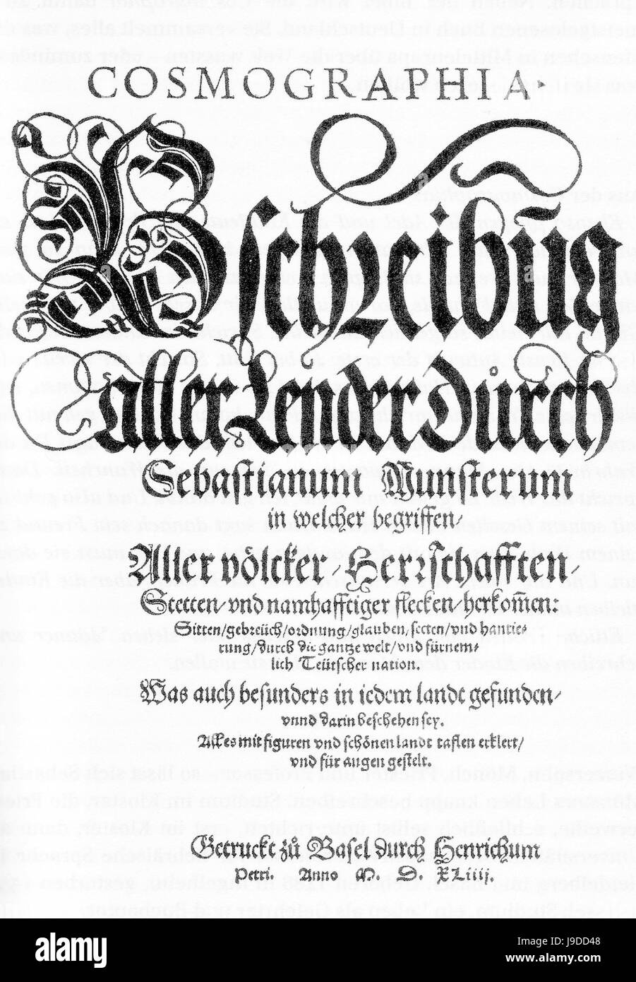 SEBASTIAN Münster (1488-1552). Cartographe allemand. Page de titre de son "Cosmographia" publié en 1544 Banque D'Images