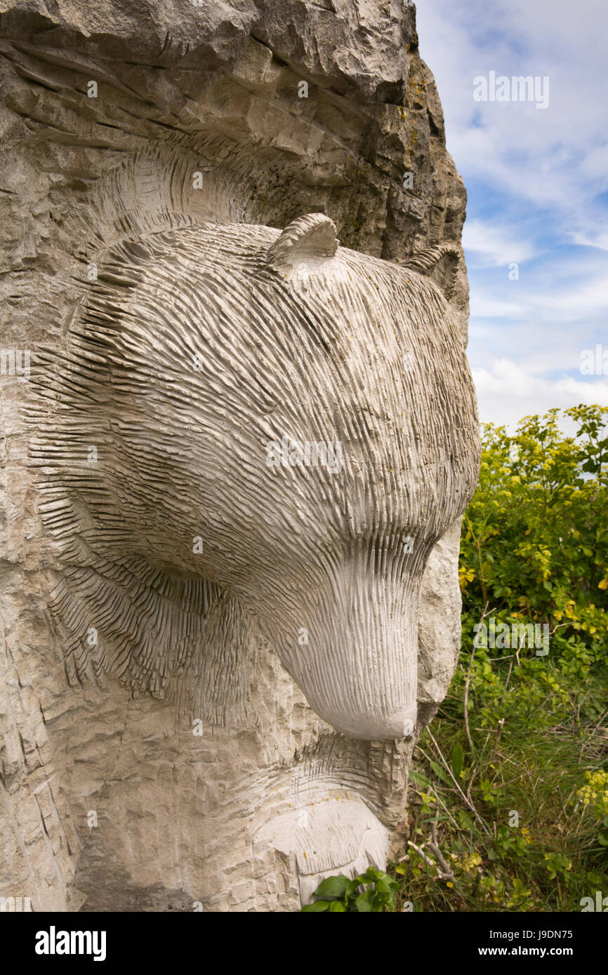 Royaume-uni l'Angleterre, dans le Dorset, Portland, argile, Ope Tout Quarry Sculpture Park, ours sculptés dans la pierre qui sortent d'rock Banque D'Images