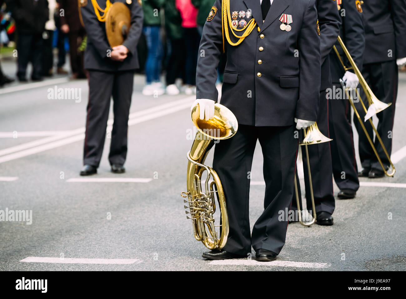 Gomel, Bélarus. Orchestre du ministère de l'intérieur de participer à d'un défilé militaire consacré au Jour de la Victoire - Victoire dans la grande Patrioti Banque D'Images