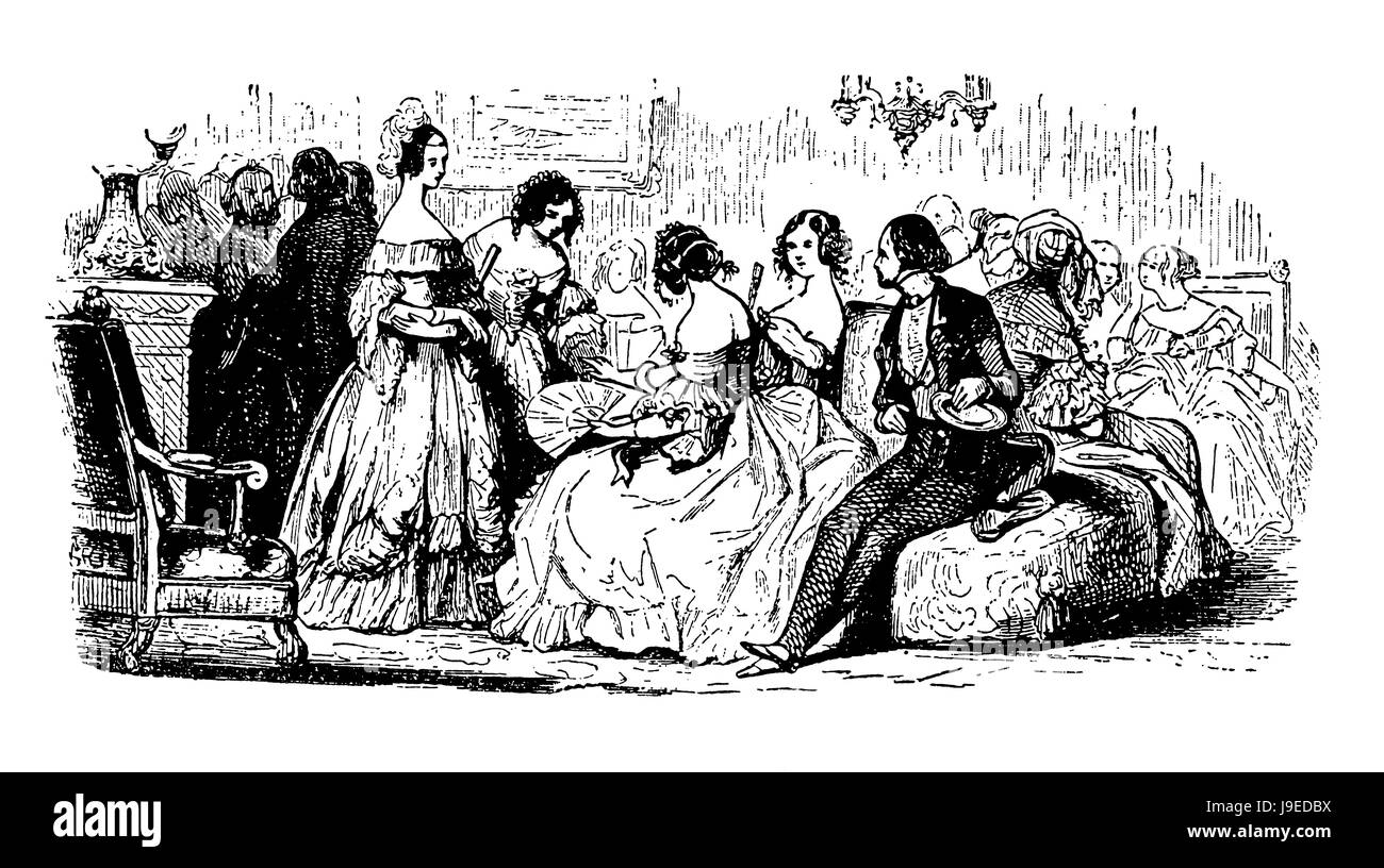 Groupe de jeunes femmes vêtues de fantaisie avec haido et fans de discuter ensemble, assis dans un salon avec d'autres clients, la gravure du xixe siècle Banque D'Images