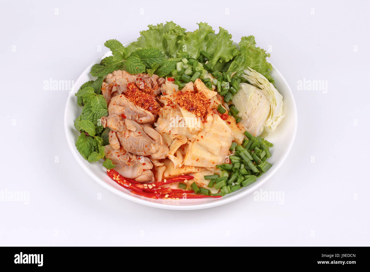 Populaires Thai Food ,épicé et sour une salade de légumes mélangés avec du poulet et des pousses de bambou en tranches en tête l'échalote ,red chili ,choux ,menthe poivrée et lettu Banque D'Images