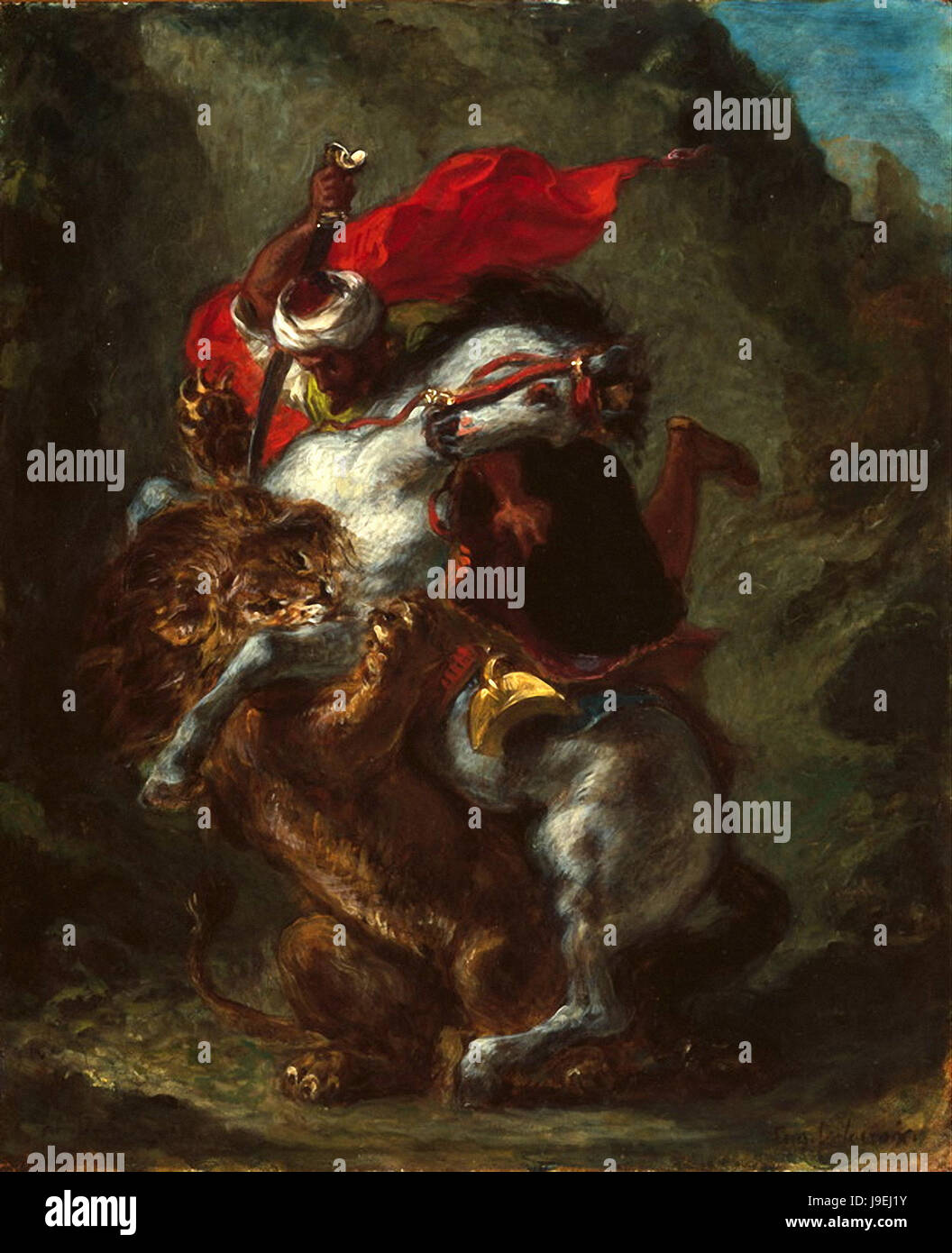 Eugène Delacroix - Cavalier arabe attaqué par un Lion Banque D'Images