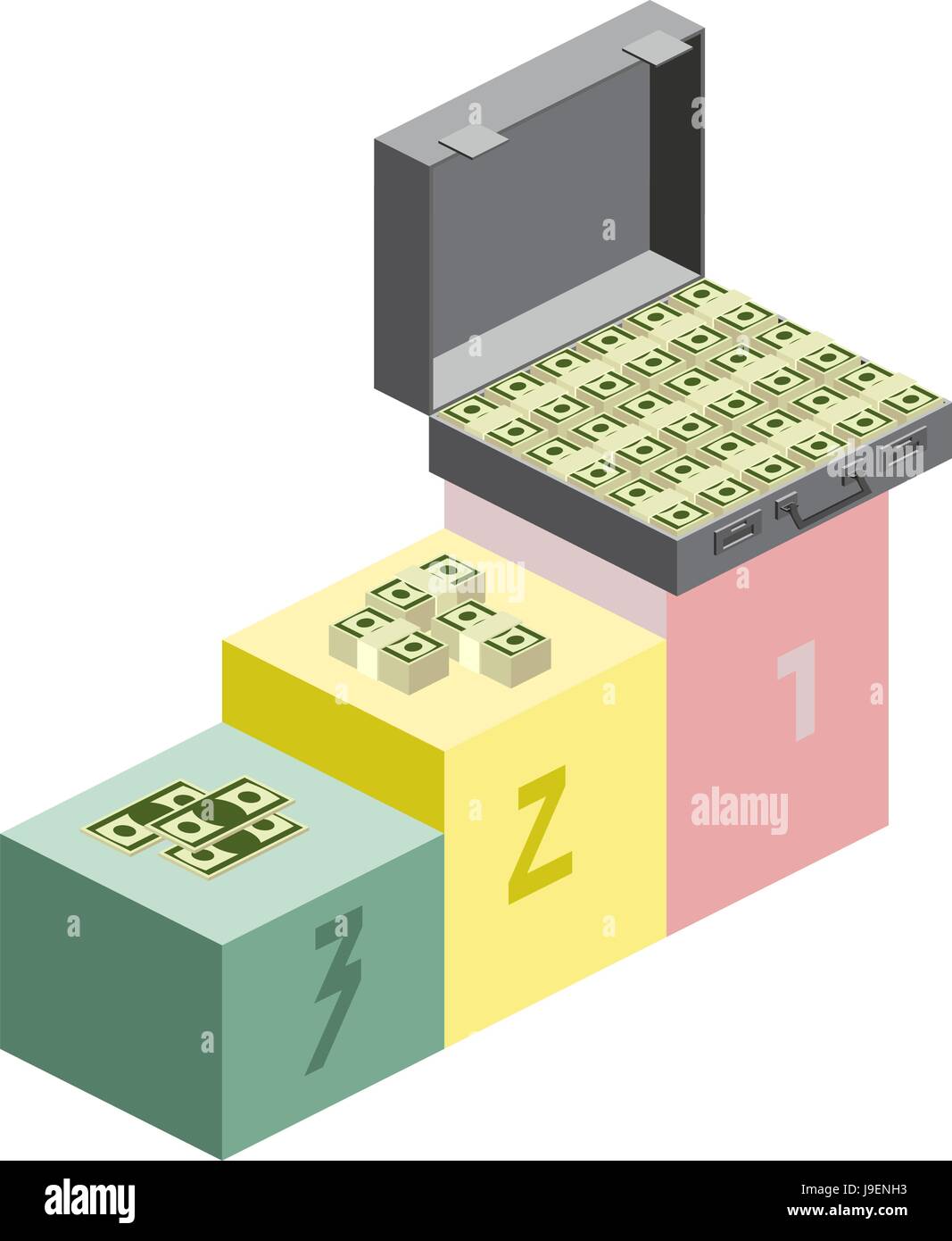 Awards. Le gagnant pour la cérémonie. Une valise d'argent, liasses de dollars et des pièces en euros. Style isométrique Illustration de Vecteur