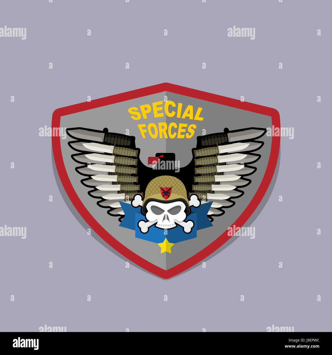 Emblème de la guerre. Logo militaire. Crâne portant un casque avec une arme de guerre spéciaux Illustration de Vecteur