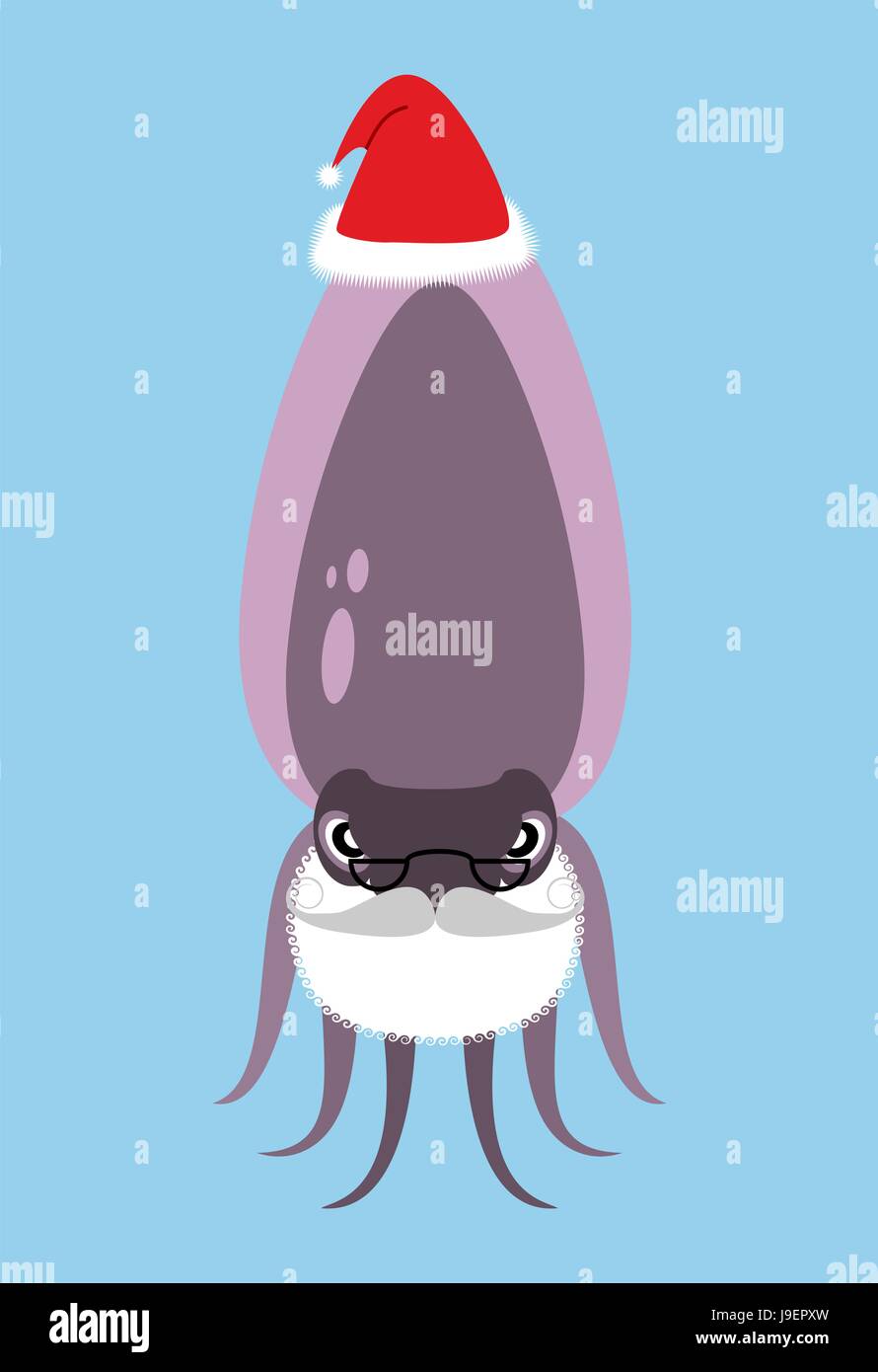 Le Père Noël de la seiche. Barbe et moustache avec Octopus. Animal marin en chapeau de Noël. Habitant sous-marine vous souhaite une bonne année. Illustration de Vecteur