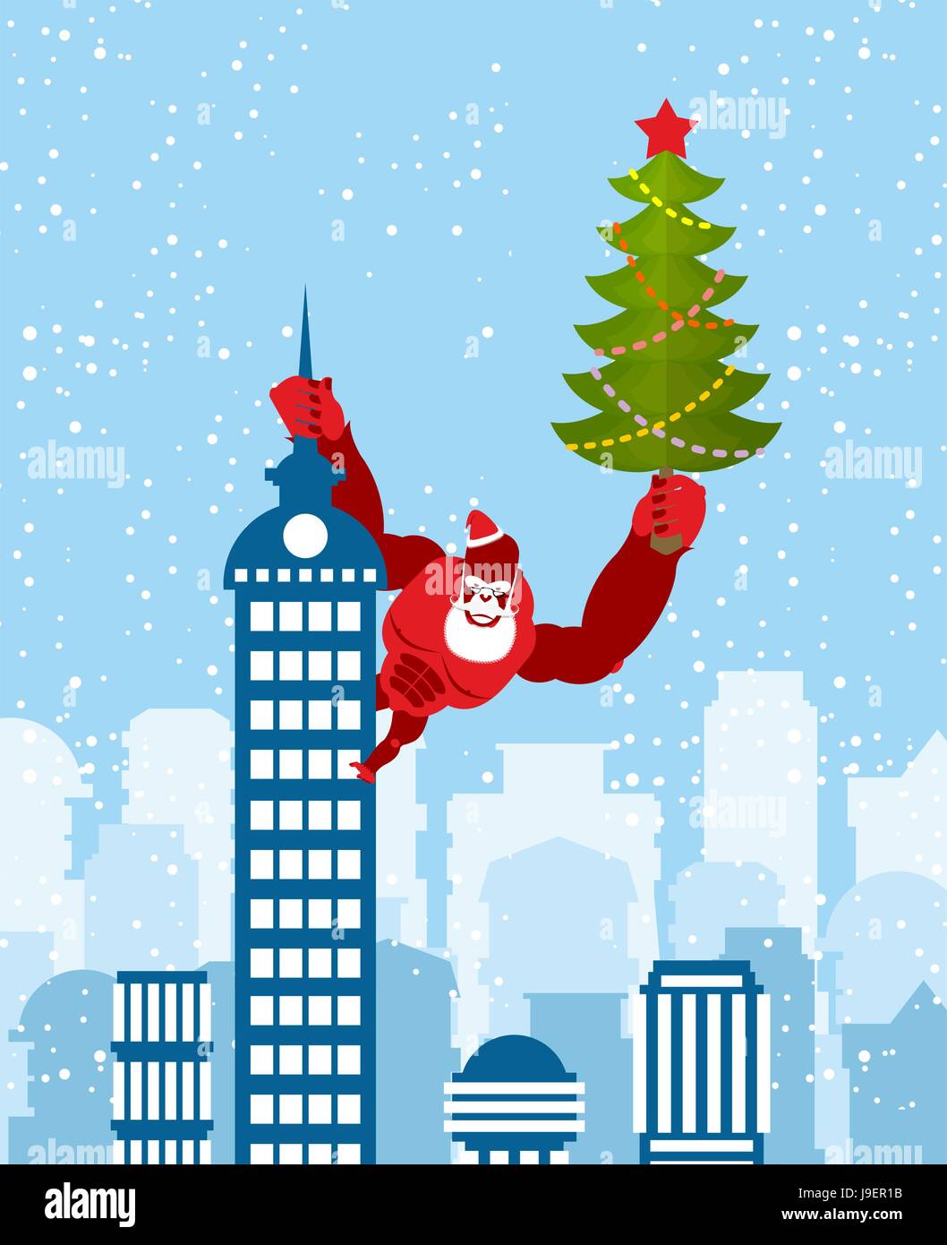 Big Red Gorilla habillé comme le Père Noël monte le bâtiment avec arbre de Noël dans leurs mains. Bête sauvage avec barbe et moustache. Monkey le skyscrap Illustration de Vecteur