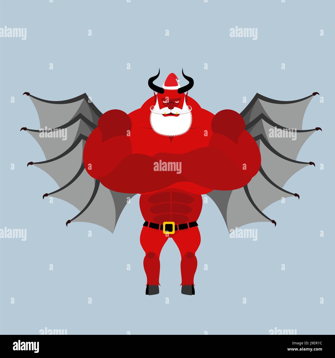 Satan Claus. Devil avec barbe et la moustache. Démon rouge avec cornes revêtu les vêtements du Père Noël. Un monstre effrayant avec des ailes. Démon rouge de Noël. Illustration de Vecteur