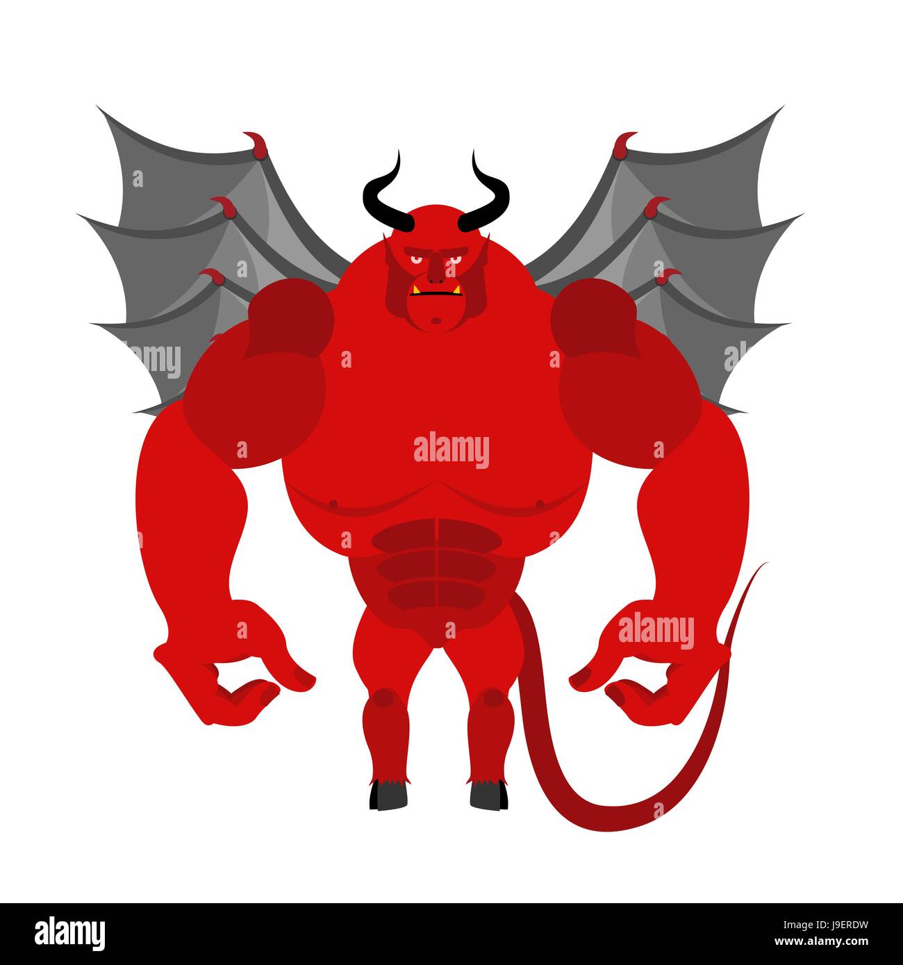 Satan. Diable rouge avec des ailes. Grand et puissant démon. Carrossier Satan avec de grands muscles et la queue. Vector illustration d'un athlète de l'enfer Illustration de Vecteur