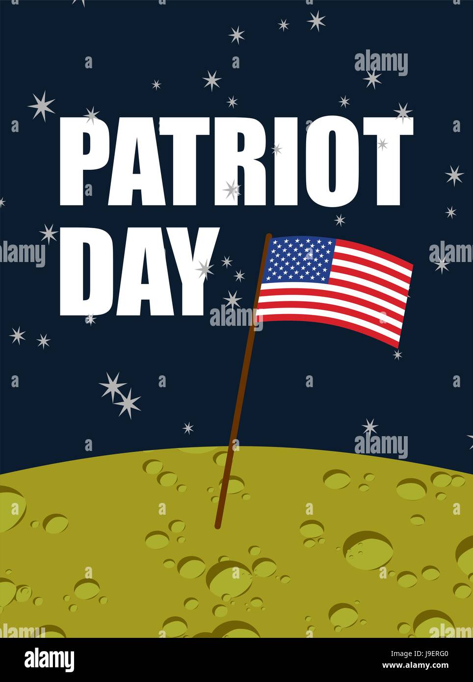 Patriot day. Drapeau américain sur la surface de la lune. USA drapeau jaune sur la planète dans l'espace. Les astronautes américains débarqué pour la première fois sur la lune. Vector illustration pour la na Illustration de Vecteur