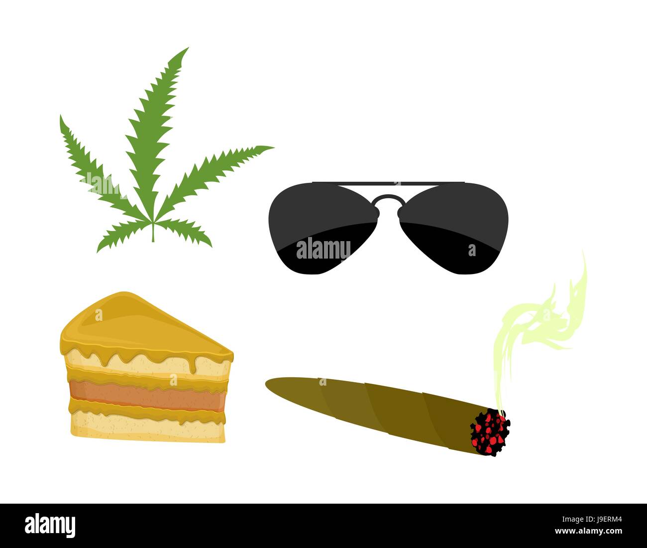 Ensemble de drogues. Accessoires addict. La marijuana et le cannabis.  Lunettes de soleil et un morceau de gâteau. Vector illustration Image  Vectorielle Stock - Alamy