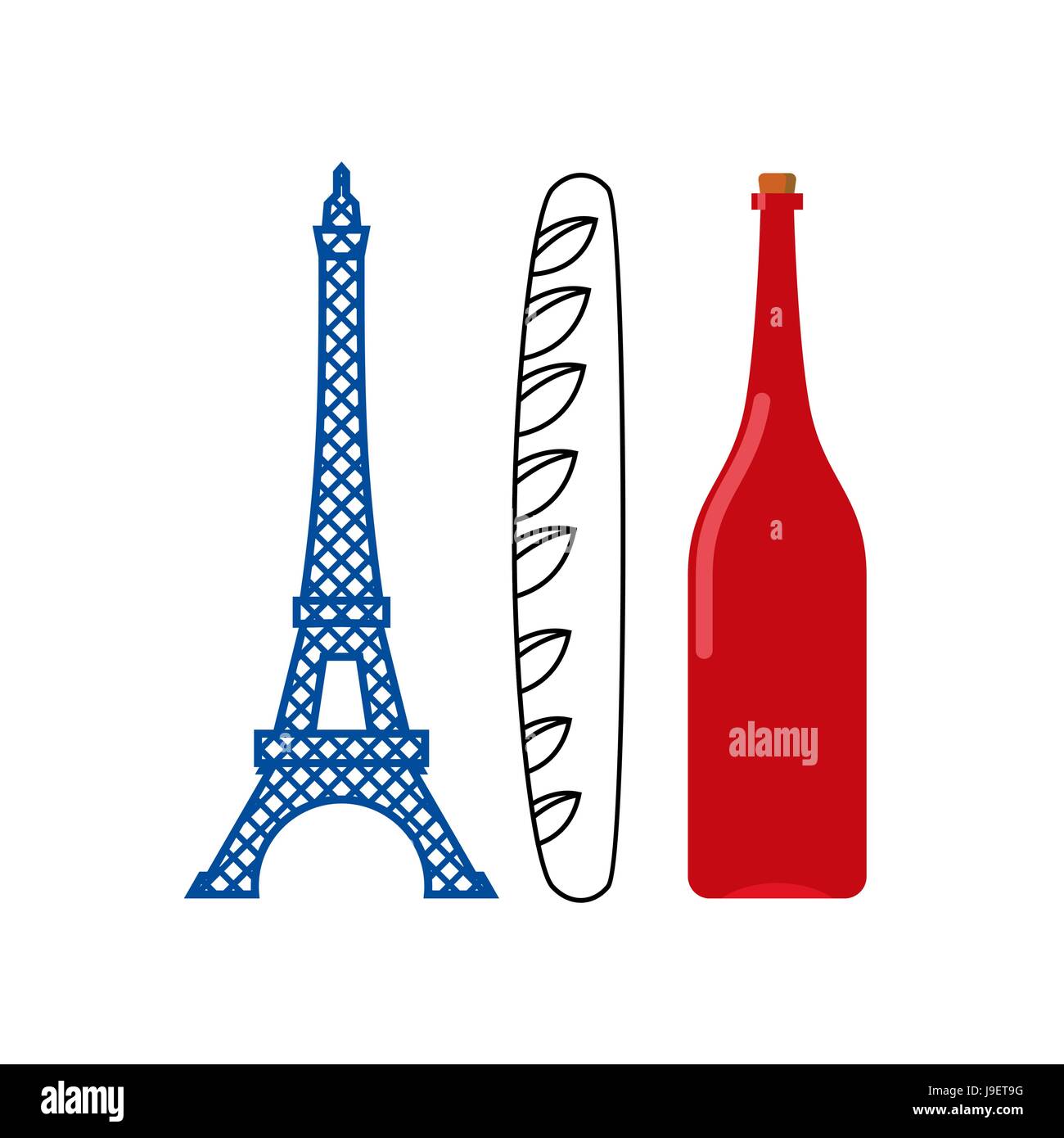 France pavillon d'attractions touristiques dans la région de country : Tour Eiffel, baguette croustillante et bouteille de vin français. Drapeau français emblématique du pays. Illustration de Vecteur