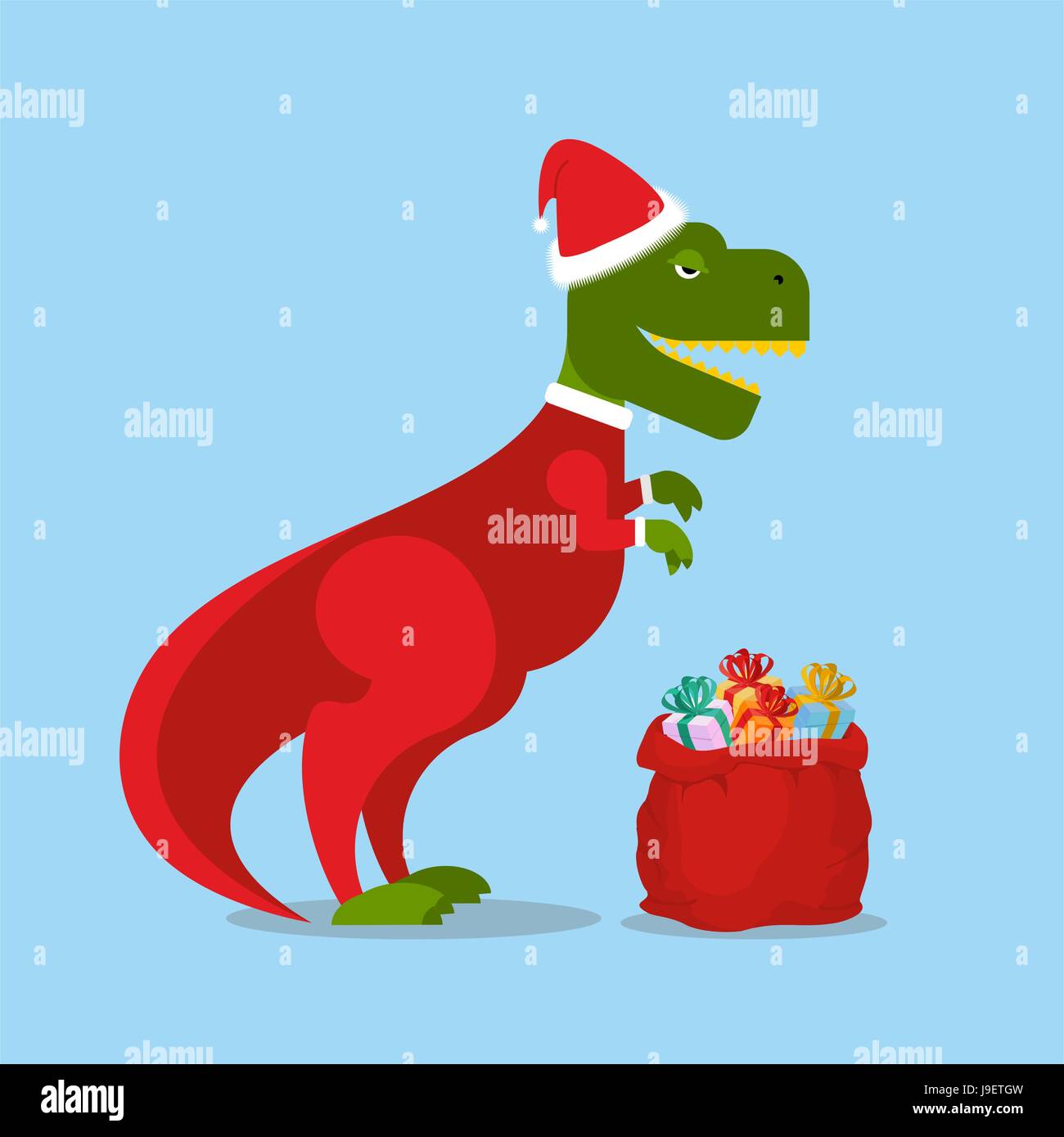 Le Père Noël de dinosaures. T-Rex in Christmas hat. Tyrannosaurus avec sac-cadeau. Lézard hilarante avec smile à partir de la nouvelle année. Maison de vacances carte postale, poster. Illustration de Vecteur