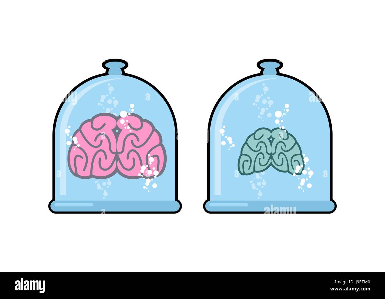 Cerveau humain en flacon de laboratoire pour des expériences. Corps humain à la suite d'un dôme en verre. Deux cerveaux : un humain normal et un imbécile. Vector illustration. Illustration de Vecteur