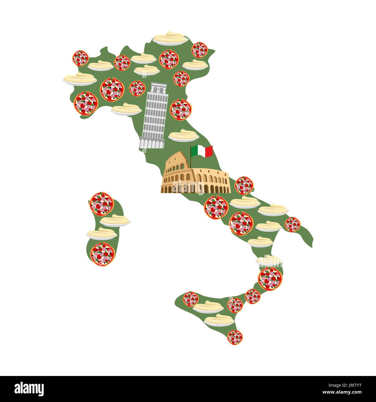 Carte De L Italie Des Plats Italiens Traditionnels Symboles Pizza Et Pates Monuments Nationaux De Pays Tour De Pise Le Colisee Image Vectorielle Stock Alamy