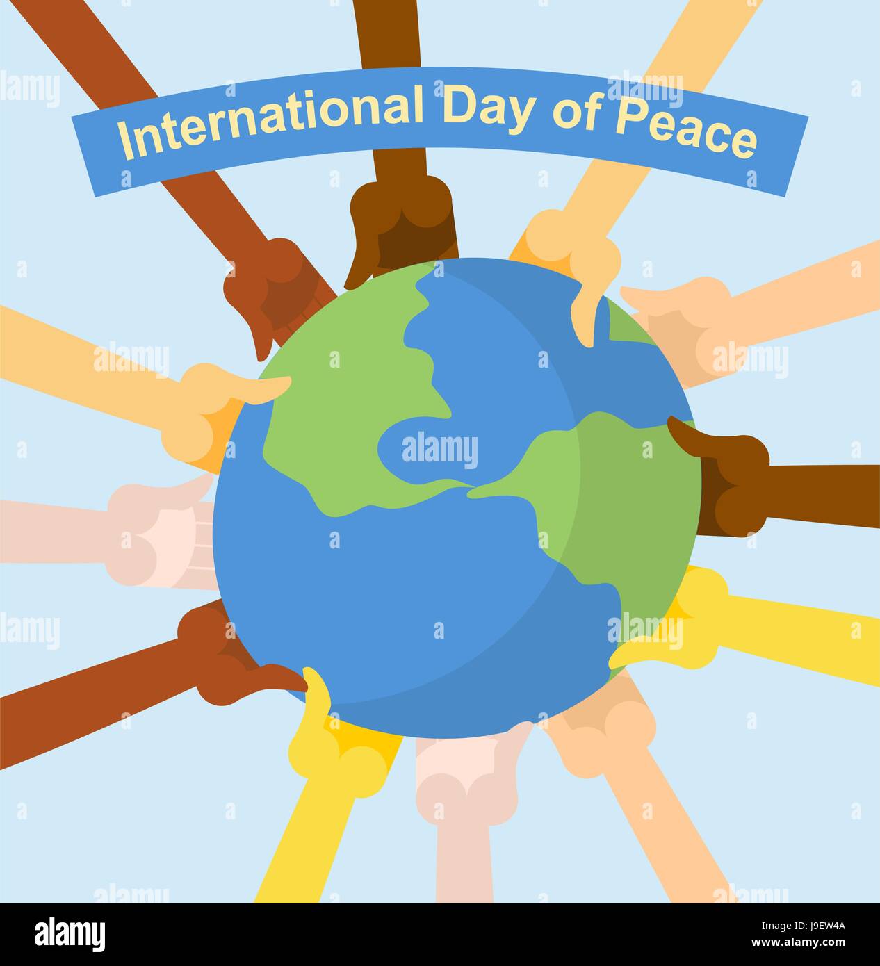 Journée internationale de la paix. Mains de différentes nationalités holding planète Terre. Vector affiche pour maison de vacances Illustration de Vecteur