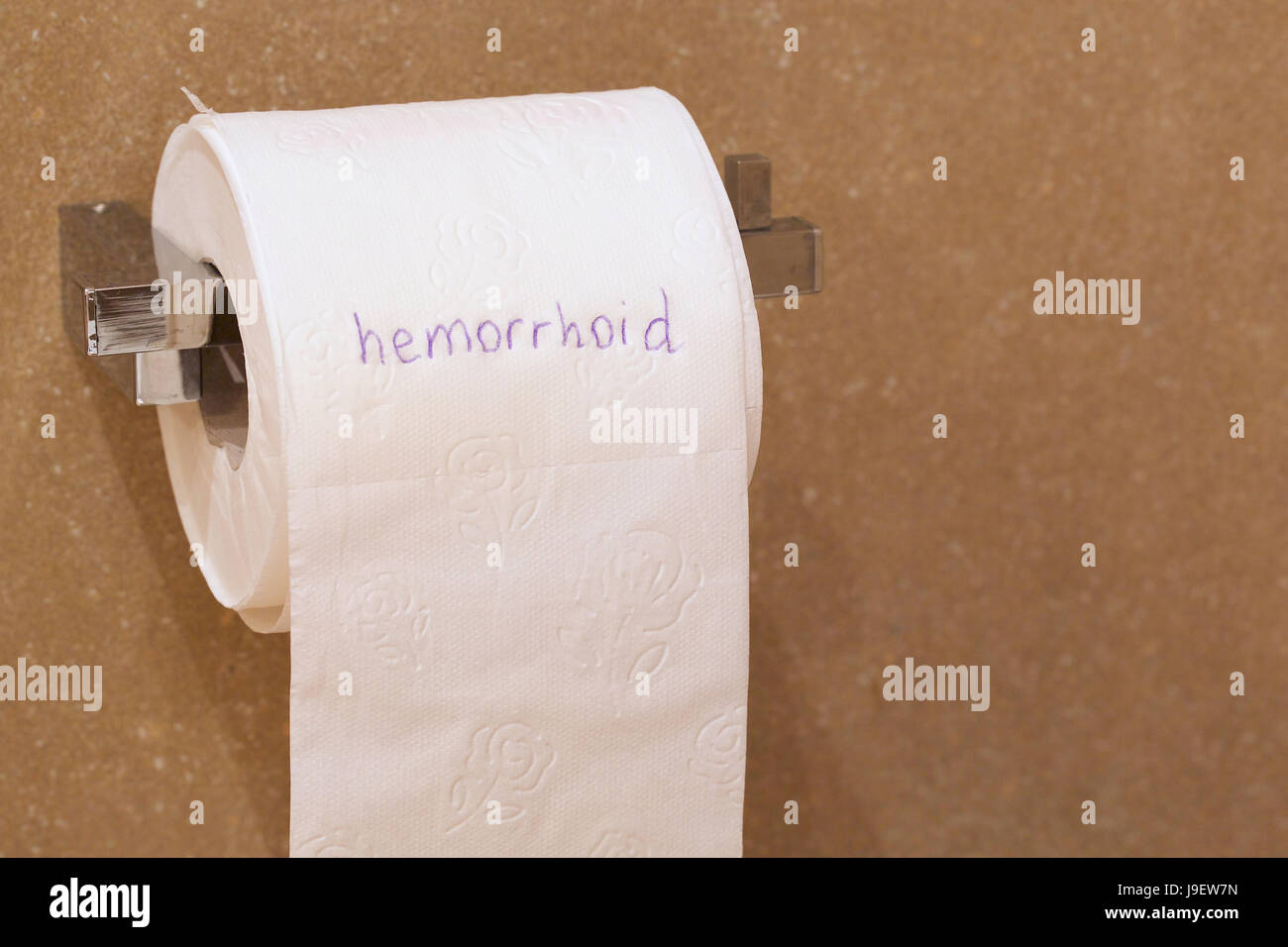 Le mot hémorroïde est écrit sur un rouleau de papier toilettes à motifs blanc suspendu à un détenteur d'une salle de bains Banque D'Images