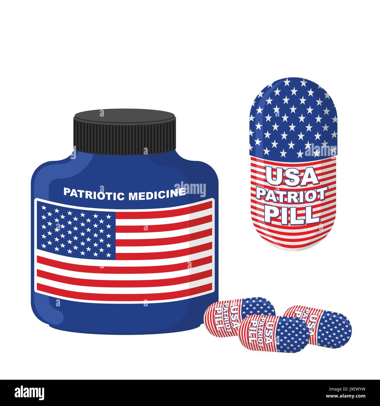 Médecine patriotique USA. Comprimés avec drapeau d'Amérique. Vector illustration. Bouteille avec des pilules. Illustration de Vecteur
