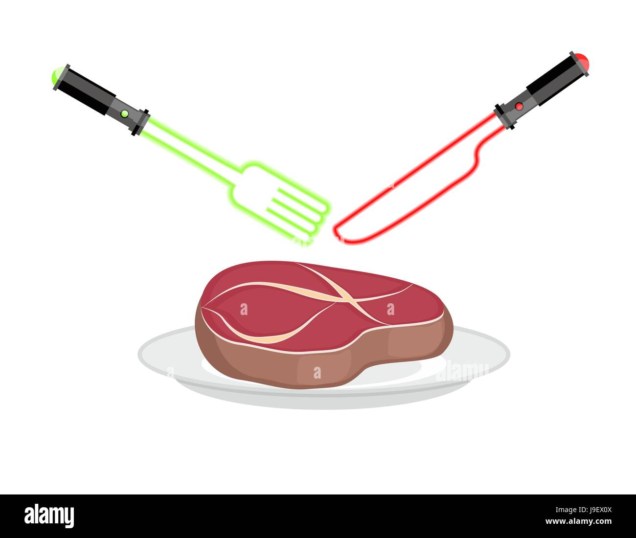 Fourchette et couteau de lumière. Comme la coutellerie sabre laser. Les ustensiles de guerre futuriste star. Le bifteck sur le plaque. Morceau de viande rôti juteux. Illustration de Vecteur