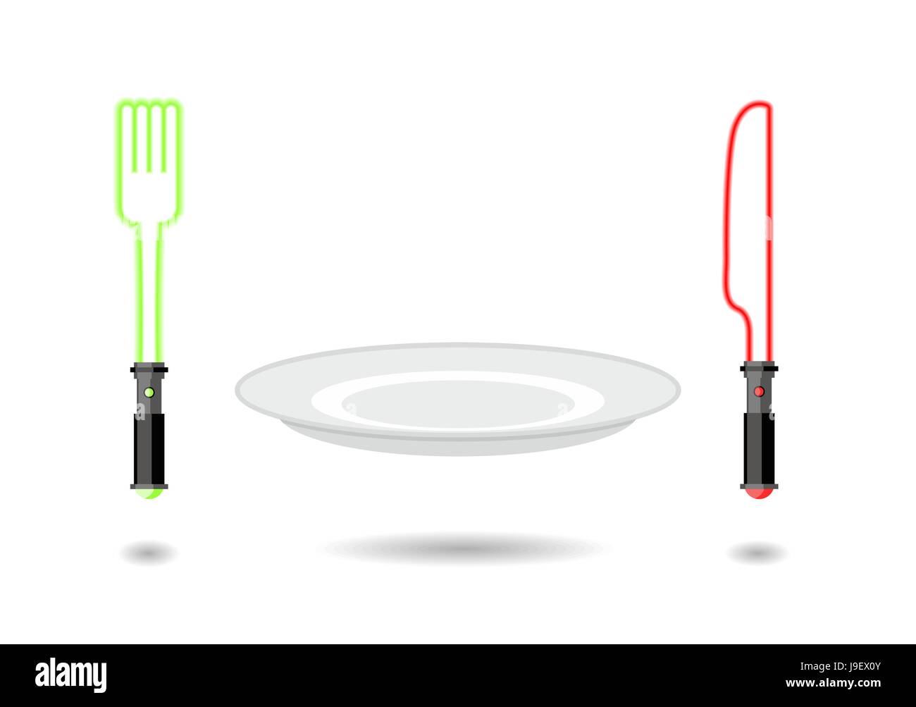 Fiche de feu et de couteau. Avenir de la coutellerie comme de la Guerre des Etoiles. Des couverts en apesanteur. Une plaque vide est suspendu dans l'air. Comme la coutellerie sabre laser. Illustration de Vecteur