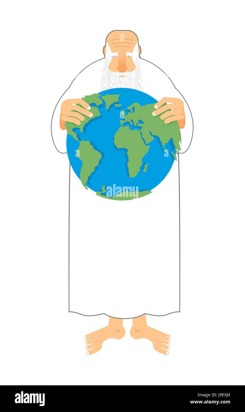 Dieu voit la Terre dans ses mains. Créateur conserve l'univers. Vieux Grand-père à barbe et des vêtements blancs crée la paix. Dieu a créé l'Organisation mondiale de Illustration de Vecteur