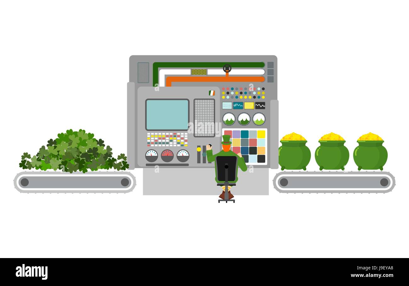 Patricks day. La production d'or de l'appareil. Trèfle vert est transformé en argent. Technologiquement, procédé de fabrication de pièces d'or. Machine pour la production o Illustration de Vecteur