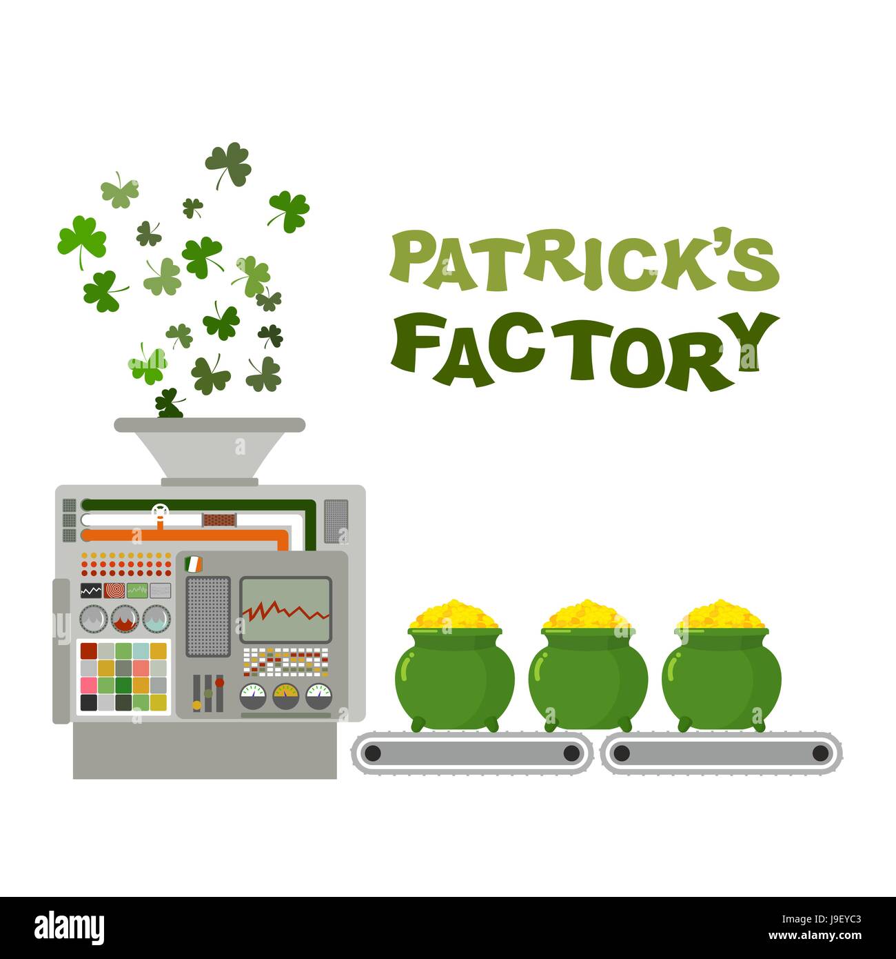 Patrick usine. Machine de Leprechaun. Trèfle vert recyclage de pièces d'or. Ligne de tri automatique des trésors de leprechaun. Convoyeur à bande avec green po Illustration de Vecteur