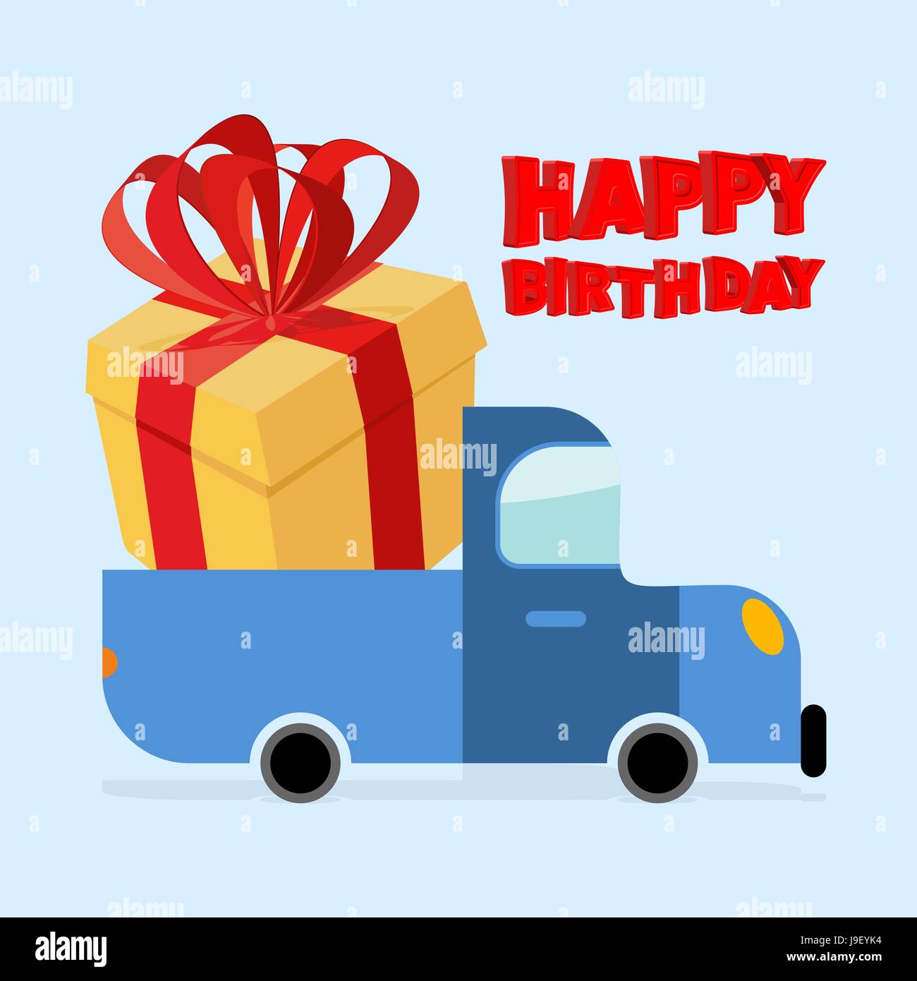 Joyeux anniversaire. Chariot porte grande boîte-cadeau. Boîte cadeau jaune  avec arc rouge. Grosse surprise pour l'anniversaire. Voiture et boîte-cadeau  Image Vectorielle Stock - Alamy