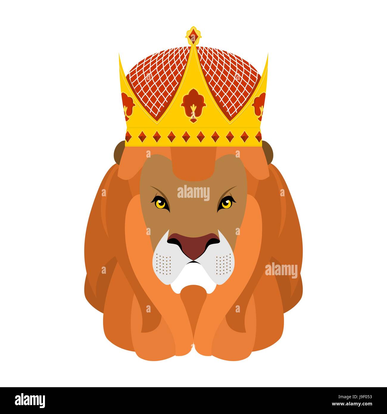 Roi Lion et de la couronne. Chef d'un prédateur avec shaggy mane et royal coiffure. Animaux sauvages cruels savane. Grosse bête grave. Le roi hat ornée de diam Illustration de Vecteur