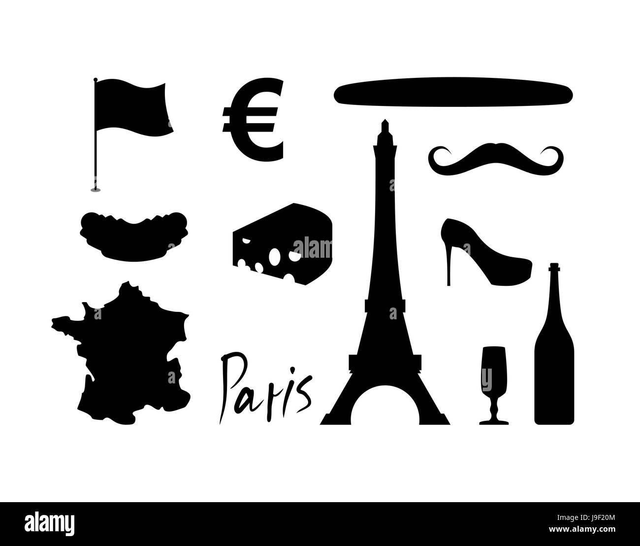 La France a des icônes. Symbole de voyages traditionnelles. Sites touristiques et caractéristiques des pays. Tour Eiffel et croissant. Drapeau français et de la carte. Vin et fromage. Illustration de Vecteur