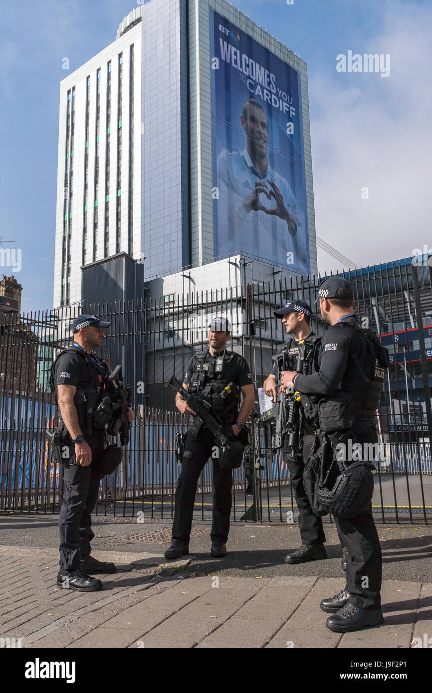 La finale de la Ligue des Champions, le Stade National du Pays de Galles, Gareth Bale, Police Sécurité, Cardiff, 2017 Banque D'Images