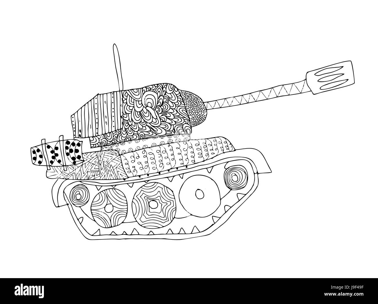 Doodle du réservoir. Machine de guerre contre l'armée de Panzer. Illustration de Vecteur