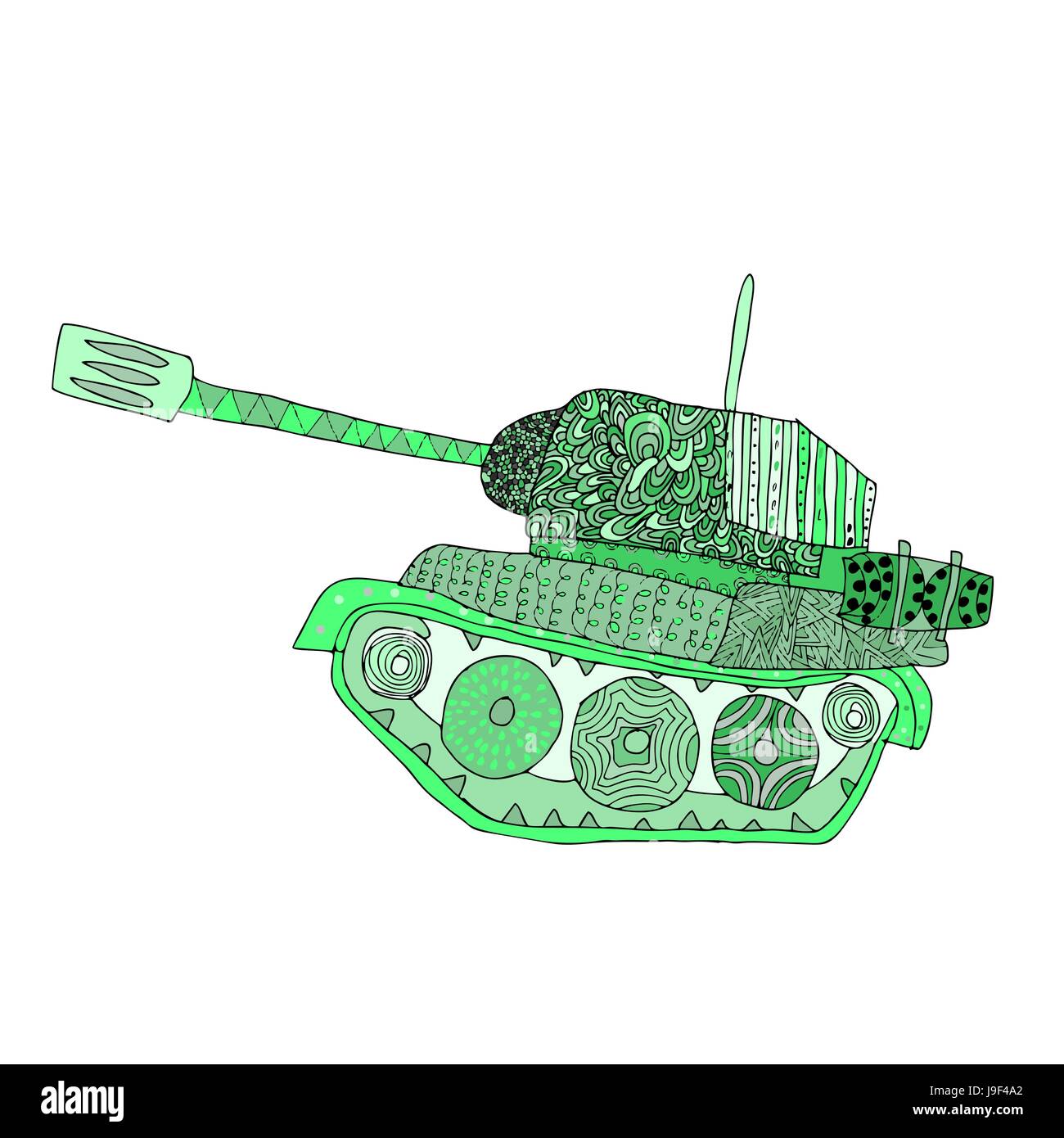 Doodle du réservoir. Machine de guerre contre l'armée de Panzer. Illustration de Vecteur