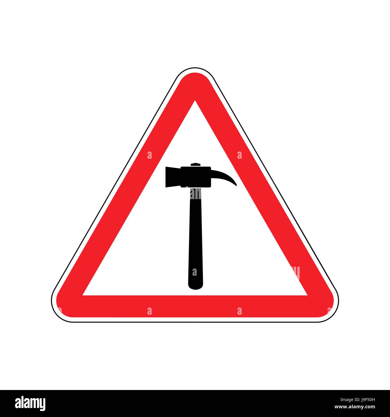 Panneau d'avertissement de marteau rouge. Attention Danger réparation symbole. Triangle de signalisation de danger pounding Illustration de Vecteur