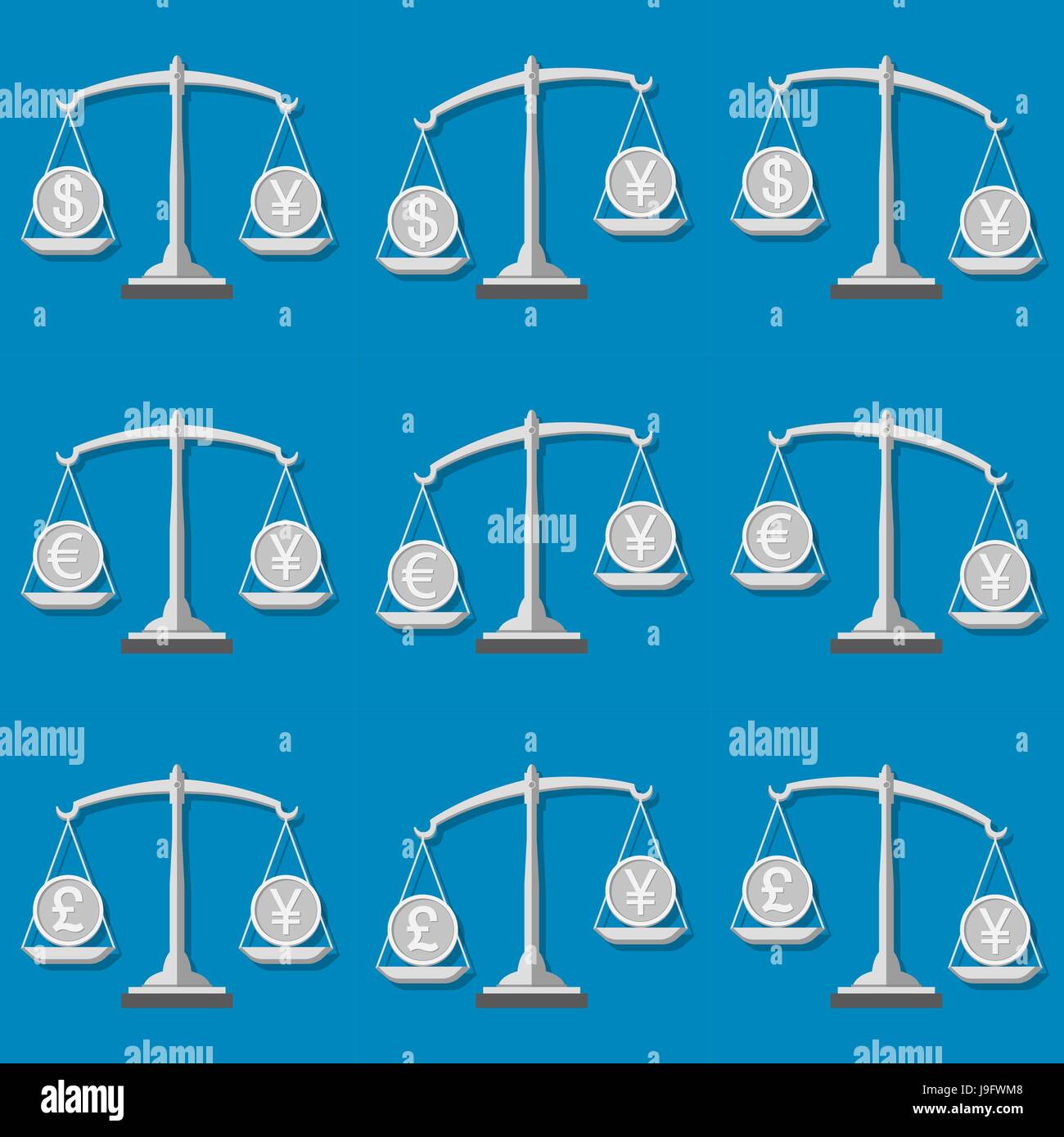 Des balances avec Dollar, yen, euro et livre des symboles. Forex change de concept. Set 2. Vector illustration. Illustration de Vecteur