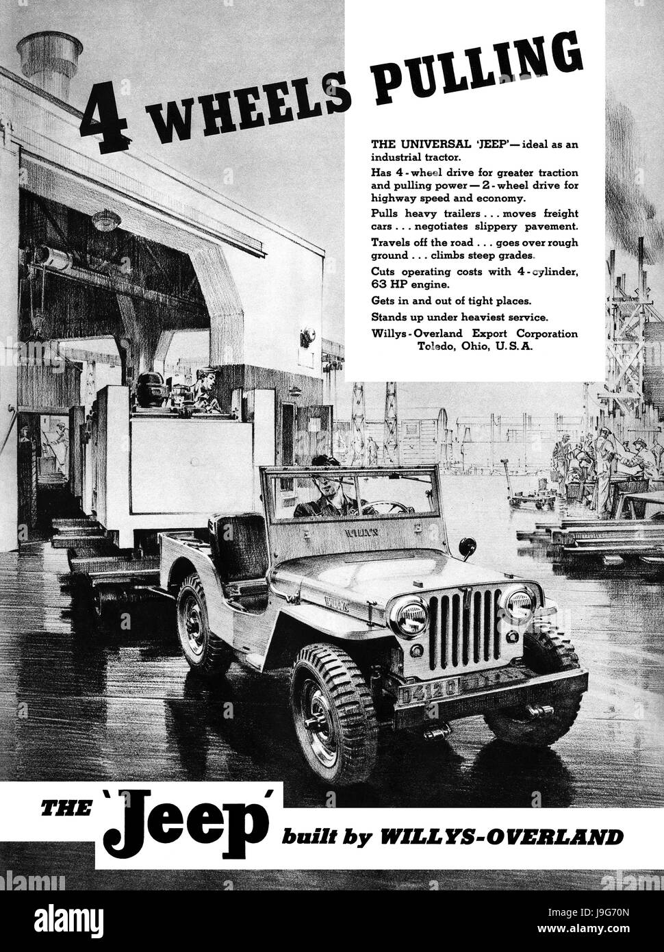 Aux États-Unis 1947 publicité pour la Jeep Willys-Overland. Banque D'Images