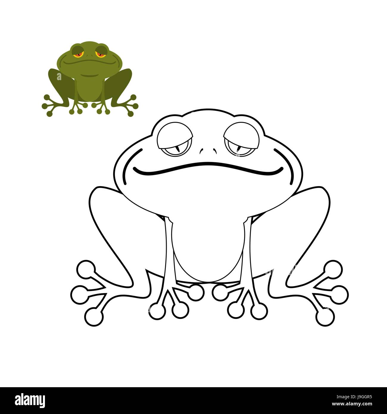 Livre de coloriage de grenouille. Drôle de reptiles amphibies. Animal de marais. Crapaud vert. Illustration de Vecteur