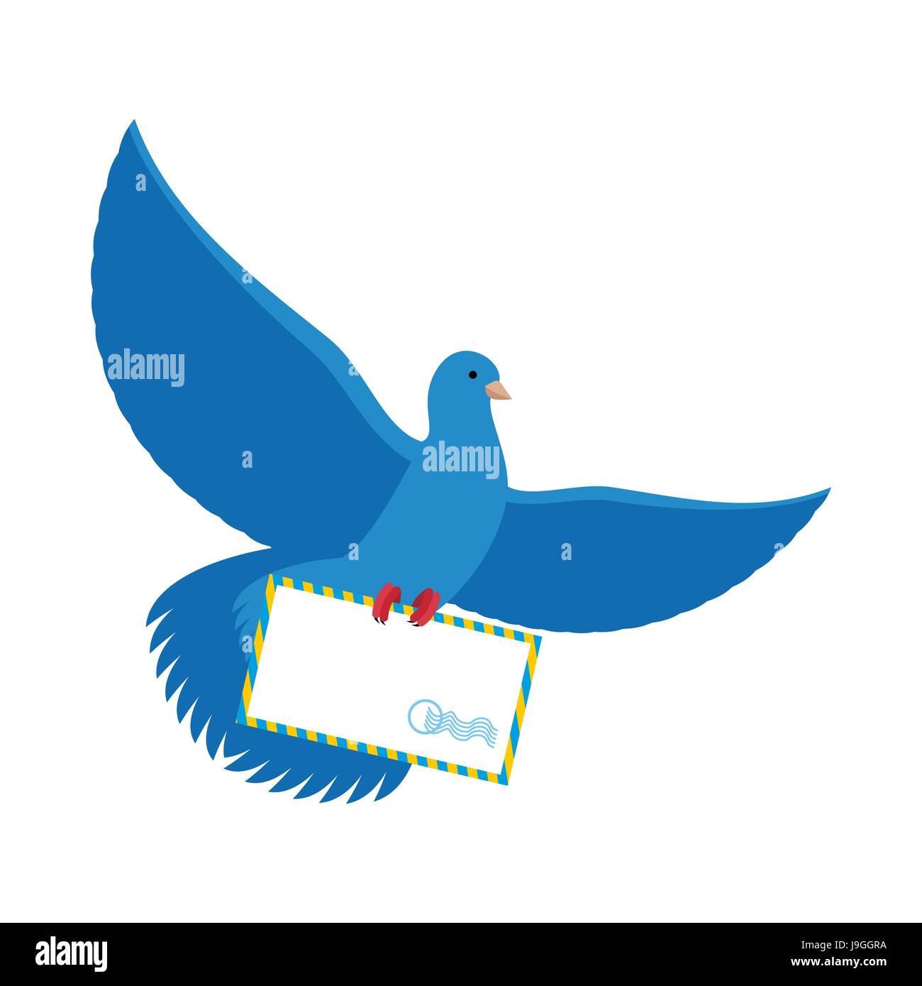 Pigeon postal. Avec enveloppe bleue. Blue Bird postman porte lettre papier dans ses pattes. Illustration de Vecteur