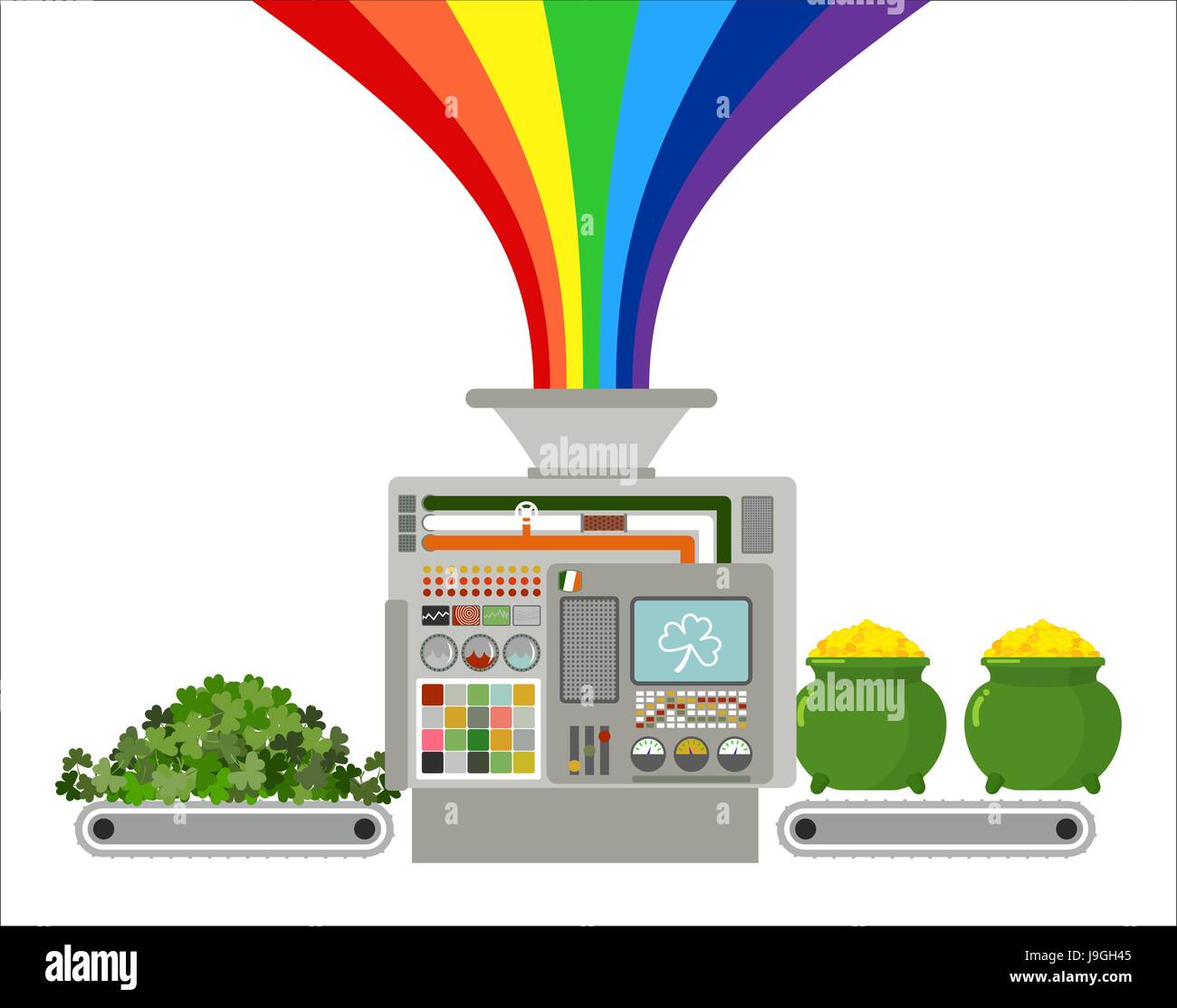La production d'or leprechaun. Ligne automatique pour l'industrie fabuleux. Production de trésors pour le jour de la Saint Patrick. Trèfle, lotier mach en production Illustration de Vecteur