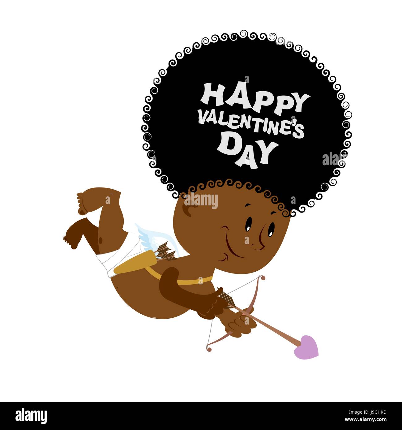 African American Cupid. Petit Ange avec une coiffure Afro. Cupid hilarante avec arc et flèche. Happy Valentines Day 14 Février Illustration de Vecteur