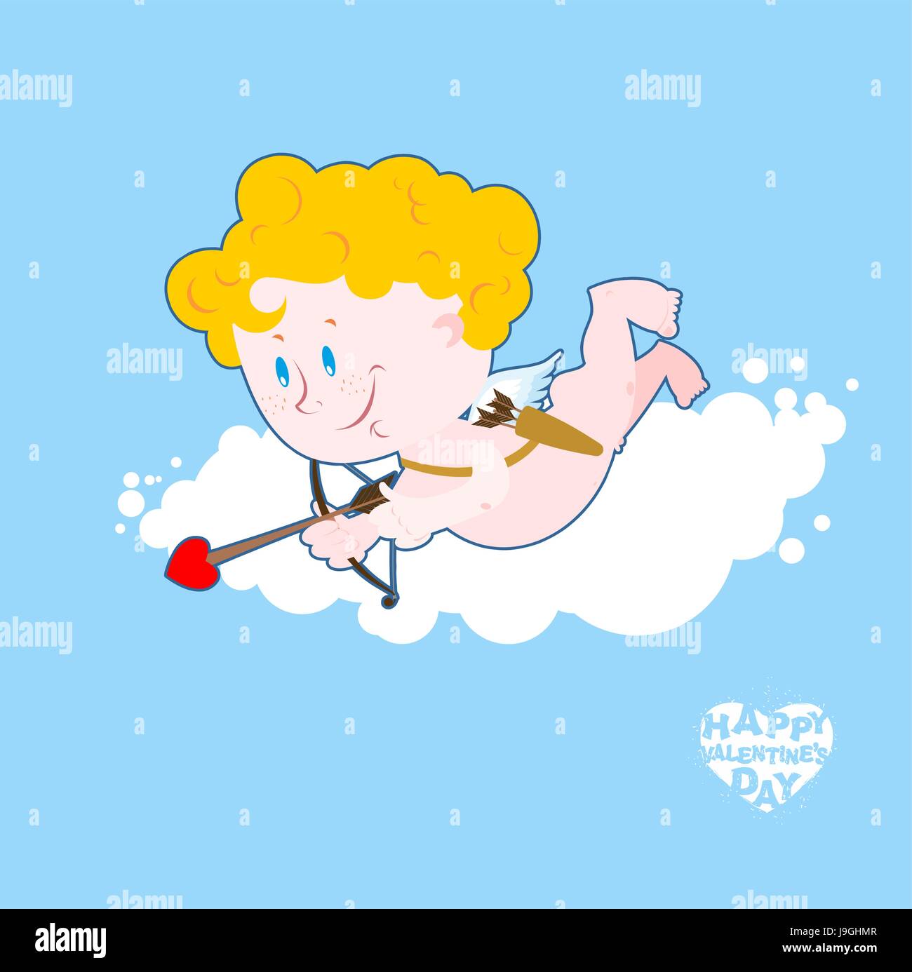 Cupidon sur cloud. Petit Ange dans les nuages avec arc et flèche. Carquois et flèches. Sweet Valentine. Cupidon avec les armes légères. Maison de caractère romantique de w Illustration de Vecteur