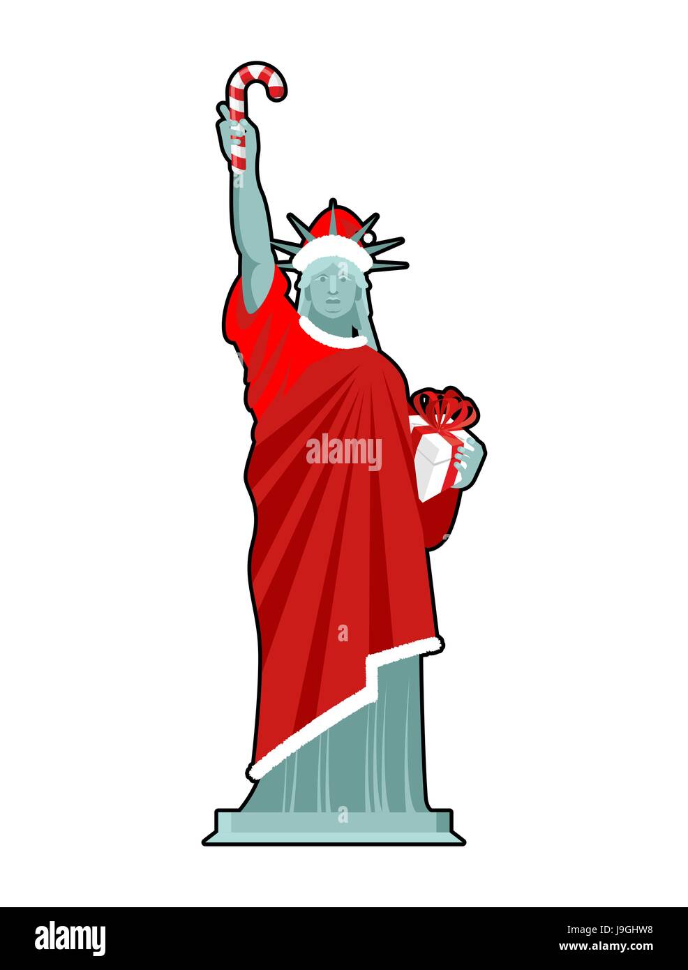 La Statue de la liberté. Candy Cane et boîte-cadeau. Monument à costume de Père Noël. Chapeau de Noël et des vêtements rouges. USA Patriot Monument National Illustration de Vecteur