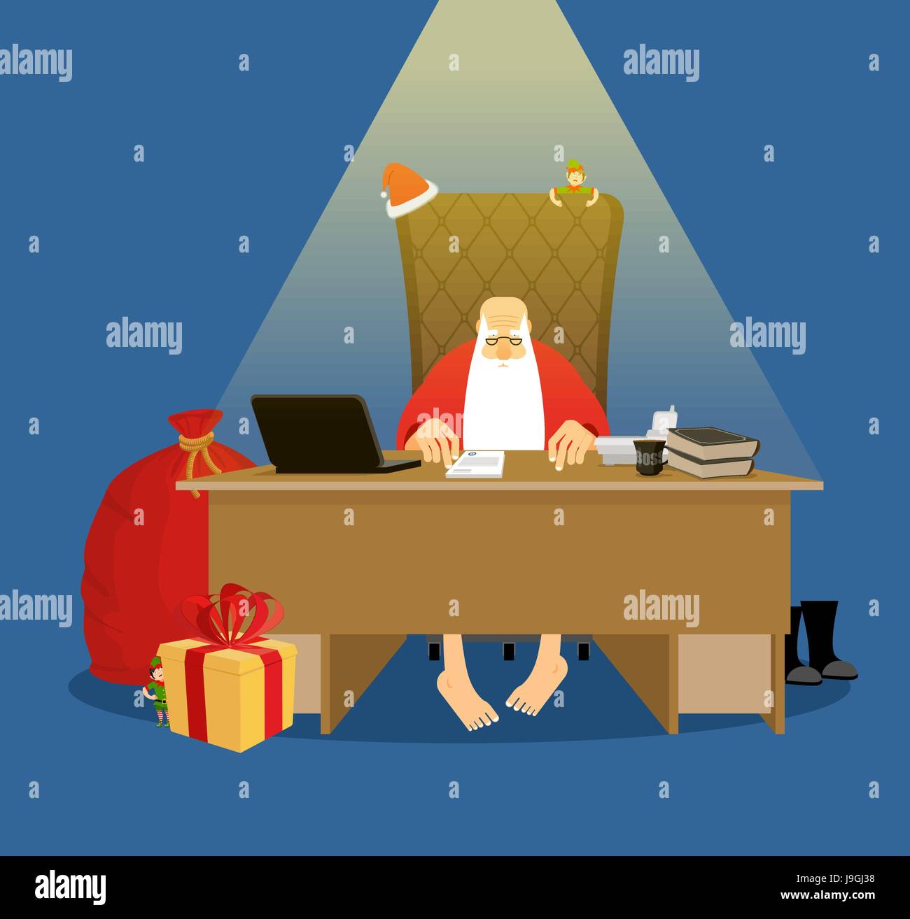 Santa office. Résidence de travail en Laponie. Grand Patron de Noël dans le travail. Emplois et fauteuil de chef. Elf en costume vert. Rouge grand sac de cadeaux pour Illustration de Vecteur