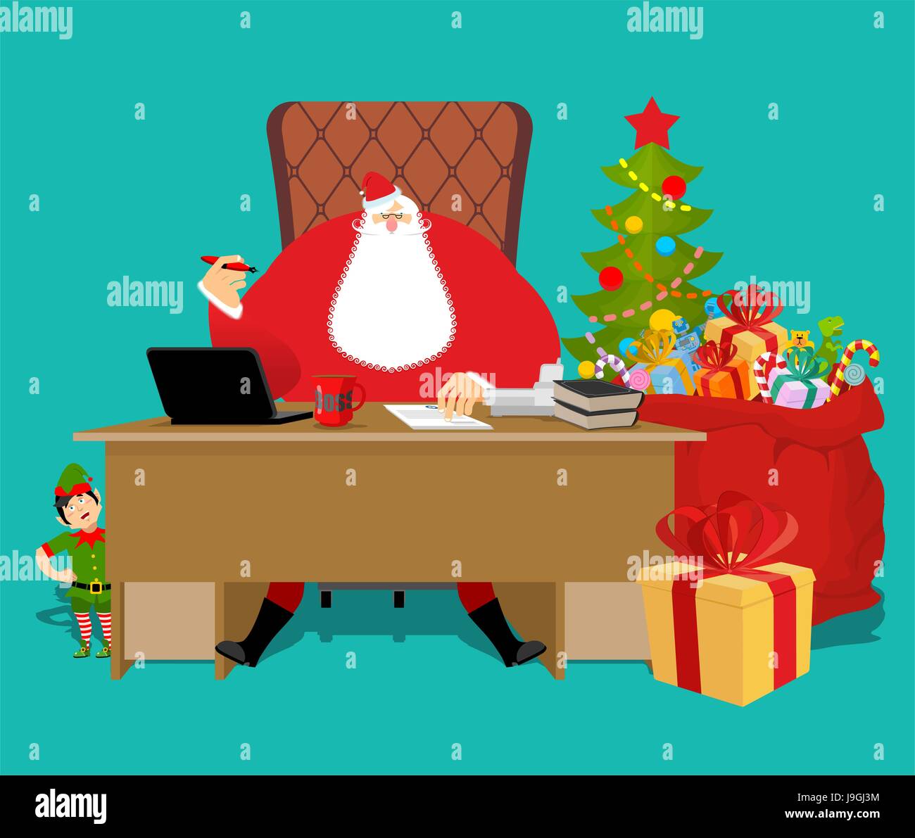 Santas bureau principal. Noël au travail. Lutin de Noël. Grand sac rouge  avec des cadeaux pour les enfants. Bureau et chaise patron. Nouveau  directeur de l'année. téléphone et doc Image Vectorielle Stock -